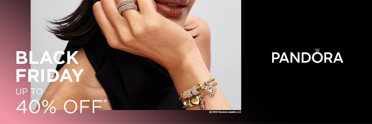 Pandora Black Friday Up to 40% Off featuring model with gold charm bracelet on bold gradient background.