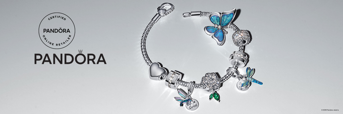 Sparkling Pandora sterling silver charm bracelet featuring a heart charm, dragonfly charm, oversized blue butterfly, and cubic zirconia rose for elegant jewelry styling.