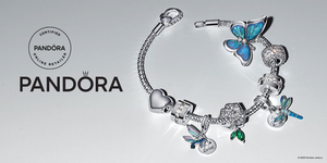 Sparkling Pandora sterling silver charm bracelet featuring a heart charm, dragonfly charm, oversized blue butterfly, and cubic zirconia rose for elegant jewelry styling.