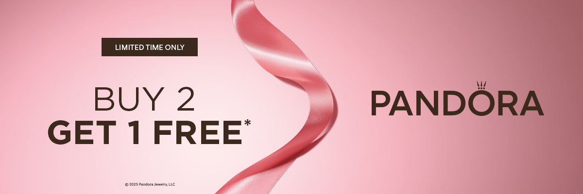 Pandora Jewelry Buy 2 Get 1 Free promotion banner with pink satin ribbon and bold text on a soft pink background — limited time offer on Pandora charms, bracelets, and jewelry.