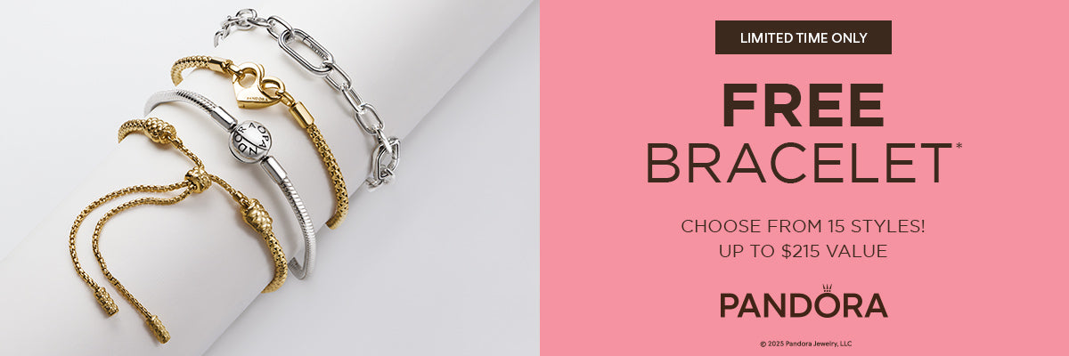 Pandora Free Bracelet Event promotion showcasing gold and silver bracelet styles, including snake chains, adjustable designs, and link chains, with offer details to choose from 15 styles valued up to $215.