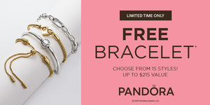 Pandora Free Bracelet Event promotion showcasing gold and silver bracelet styles, including snake chains, adjustable designs, and link chains, with offer details to choose from 15 styles valued up to $215.