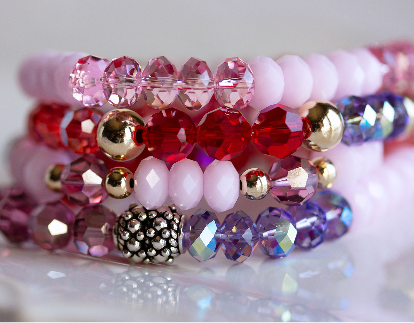 Swarovski Crystal Elements - Red Enamel Heart Multicolor Stretch Bracelet