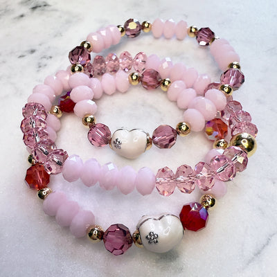 Swarovski Crystal Elements - White Enamel Heart, Multicolor Stretch Bracelet