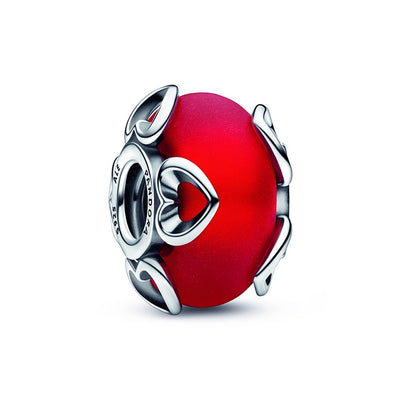 Frosted Red Murano Glass & Hearts Charm