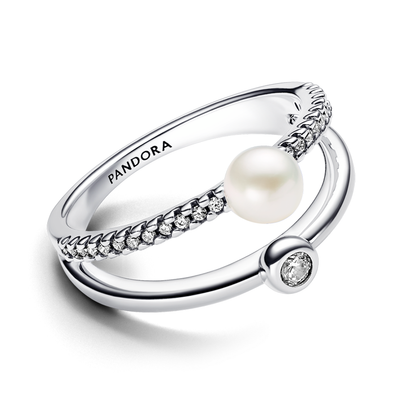 Treated Freshwater Cultured Pearl & Pavé Double Band Ring